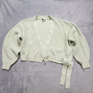 H&M Divided Cardigan Sweater Womens M Mint Green Sage Wrap Tie Waist Chunky Knit